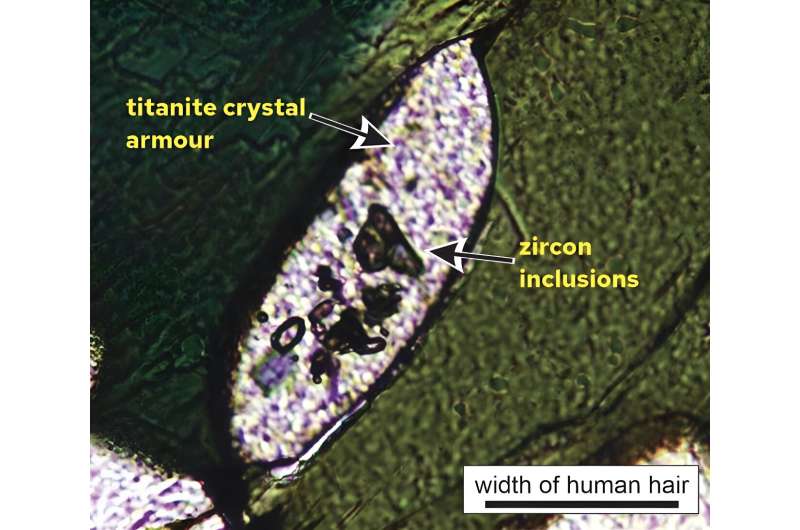 Microscope image of titanite grain with zircon crystals trapped inside and protected. The scale bar in the right bottom of image is 100 microns, about the width of a human hair. Credit: Adapted from Communications Earth & Environment (2024). DOI: 10.1038/s43247-024-01469-6 A groundbreaking discovery: how researchers found remnants of Earth's primordial crust near Perth