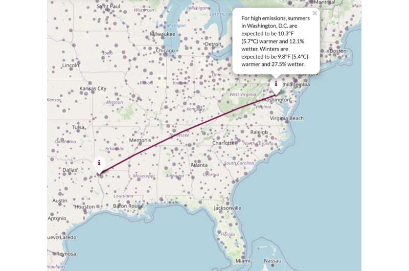 In 50 years, the northern hemisphere cities to the north are going to become much more like cities to the south. For example, if you live in Washington, D.C., you would need to travel to northern Louisiana to experience what Washington, D.C. will feel like by 2080, where summers are expected to be 11.5°F warmer in 50 years. Credit: University of Maryland Center for Environmental Science/Matthew Fitzpatrick Changing climate will make home feel like somewhere else