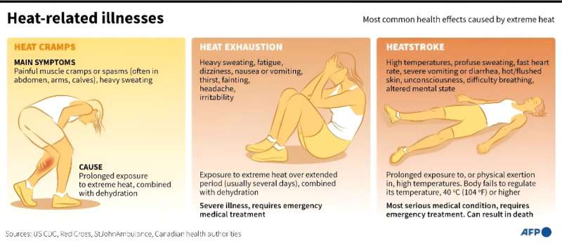 Graphic explaining the most common health effects or symptoms caused by extreme heat. Graphic explaining the most common health effects or symptoms caused by extreme heat