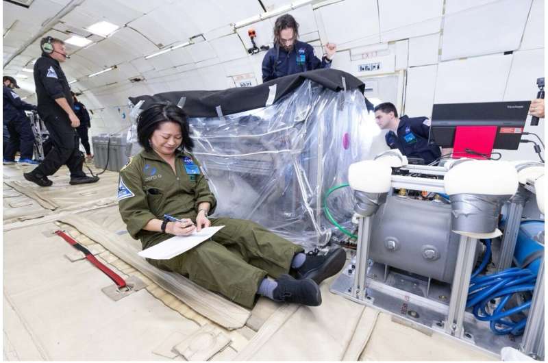QuynhGiao Nguyen takes experiment notes while Pierre-Lucas Aubin-Fournier and George Butt oversee experiment operations during a soil reset period between parabolas. Credit: Zero-G Next-generation NASA technologies tested in flight