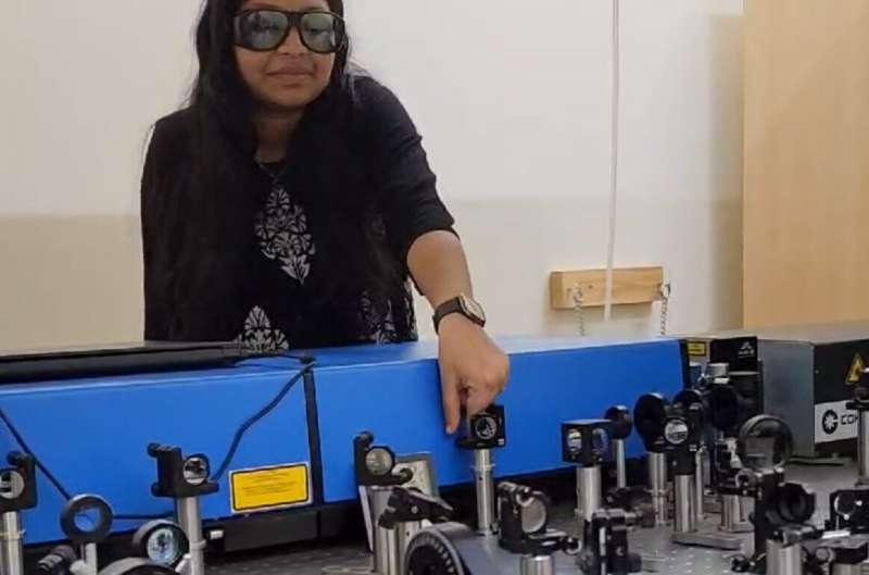 Lead author Jyothsna KM aligning optical beams for up-conversion experiments. Credit: Harinee Natarajan Turning infrared light visible